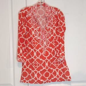 Barbara Gerwit Coral White Beaded Split Neck Tunic XS